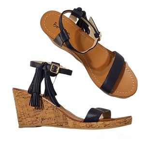 BODEN Tassel Ankle Strap Cork Wedge Sandals Navy Blue Women Size 41